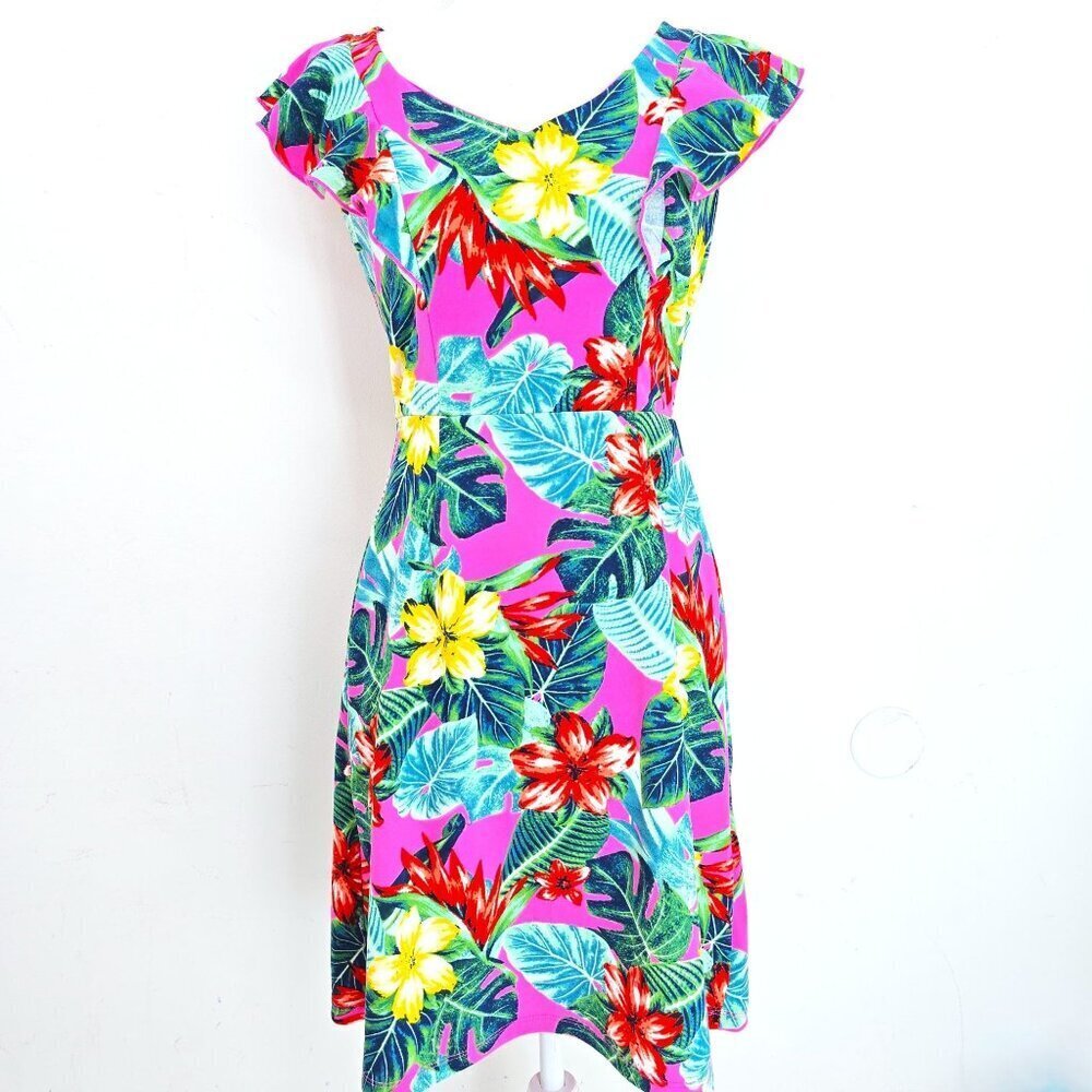 NY& Co. Pink Hawaiian Floral Flutter Sleeve Fit Flare Dress Women Size XS